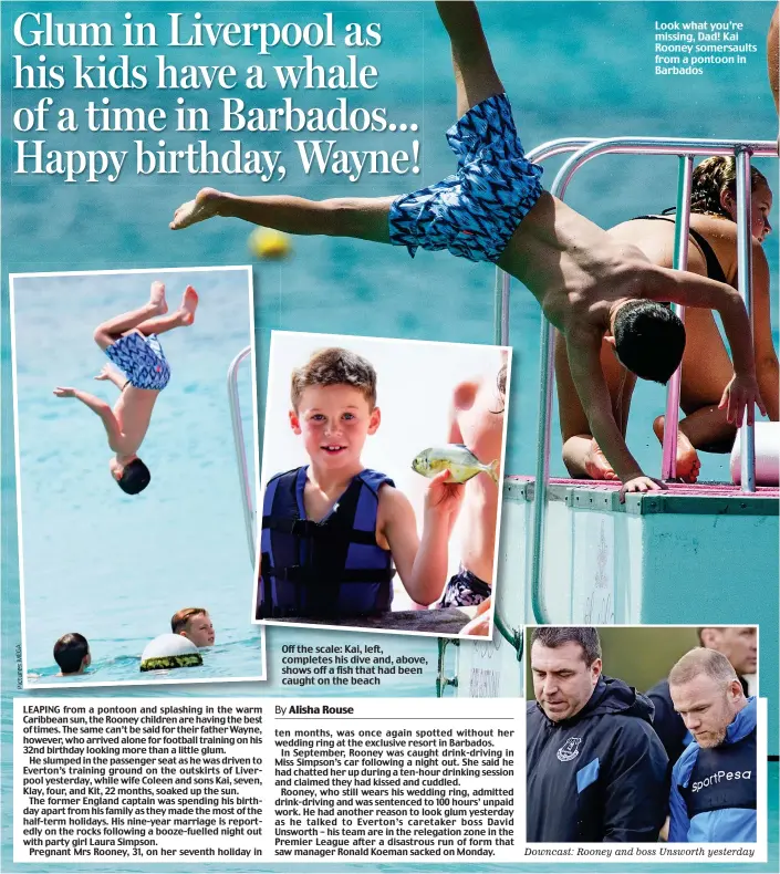  ??  ?? Look what you’re missing, Dad! Kai Rooney somersault­s from a pontoon in Barbados