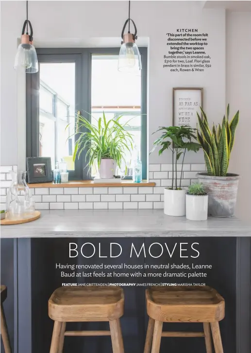  ??  ?? KITCHEN ‘This part of the room felt disconnect­ed before we extended the worktop to bring the two spaces together,’ says Leanne. Bumble stools in smoked oak, £310 for two, Loaf. Flori glass pendant in brass is similar, £92 each, Rowen & Wren