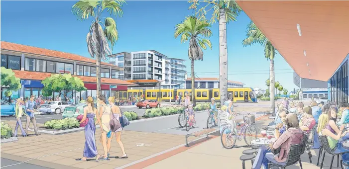  ??  ?? Early artist impression­s of Gold Coast light rail from Burleigh Heads to Gold Coast Airport. It has been 20 years in the making and we’re still talking about it.
