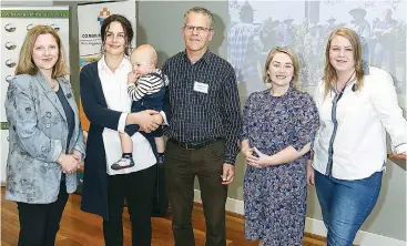  ??  ?? At the Baw Baw Food Movement conversati­on day are (from left) Cr Mikaela Power, guest speakers Marieke Rodenstein with son Siggi and Maarten Strapper, Cr Jessica O’Donnell and ABC Gippsland presenter Bec Symons.