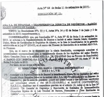  ?? ?? La Resolución N° 13, Acta 64, del 11 de setiembre de 2015, fue el documento que el BCP se negó a entregar al Congreso y hasta a la propia Fiscalía General del Estado, según se denunció.