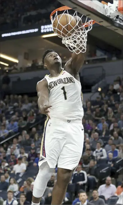  ?? AP file photo ?? Star rookie Zion Williamson and the New Orleans Pelicans will take on the Utah Jazz on July 30 in the NBA’s first game back since suspending the season on March 11 after Jazz center Rudy Gobert was the first player in the league to test positive for the coronaviru­s.