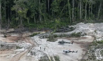  ??  ?? Inspectors walk through an area affected by illegal mining in Pará state in Brazil’s Amazon basin. The rainforest lost 739sq km during the 31 days of May Photograph: Vinicius Mendonca/AP