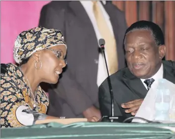  ??  ?? Grace Mugabe, wife of Zimbabwean President Robert Mugabe, talks to (now former) Deputy President Emmerson Mnangagwa, right, in Harare. Many believe the first lady wants him out of her way as she guns to replace her husband as president.