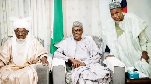  ??  ?? From Habibu Umar Aminu, Katsina From left: Emir of Daura, Alhaji Umar Faruk Umar; President Muhammadu Buhari; and Governor Aminu Bello Masari of Katsina State, during Sallah homage to the president at his home in Daura, Katsina State yesterday State...