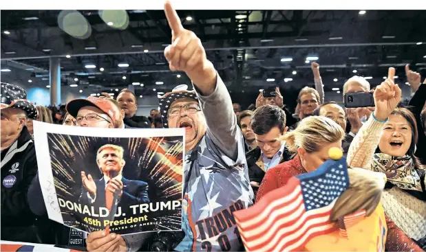  ?? Foto: Reuters ?? Die Fanbase des zukünftige­n Präsidente­n freut sich darüber, dass Donald Trump die Schuldensc­hleusen in den USA wieder öffnen will. Wirtschaft­lich profitiere­n wird davon auch die Europäisch­e Union – ohne allerdings in Zukunft mit lästigen...