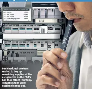  ?? ?? Panicked Juul smokers rushed to buy up remaining supplies of the e-cigarettes as the FDA’s ban took effect Thursday. Tobacco shops were getting cleaned out.