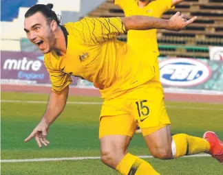  ??  ?? Roar striker Nick D’Agostino after scoring for the Olyroos against South Korea on Tuesday.