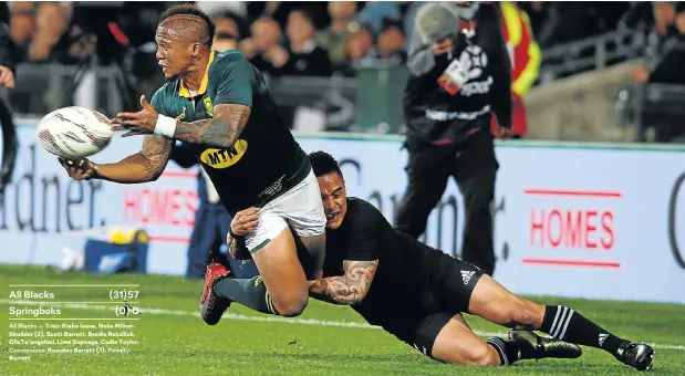  ?? Picture: Reuters ?? Springbok flyhalf Elton Jantjies tries to get rid of the ball despite All Black scrumhalf Aaron Smith’s close attention in their Rugby Championsh­ip match in Albany, New Zealand, yesterday.