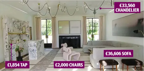  ?? ?? £1,854 TAP £2,000 CHAIRS £33,560 CHANDELIER £36,606 SOFA
Living the dream in the living room: A Lindsey Adelman chandelier and giant Charles Zana sofa set the stylish tone