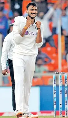  ??  ?? India spinner Axar Patel celebrates the fall of a wicket