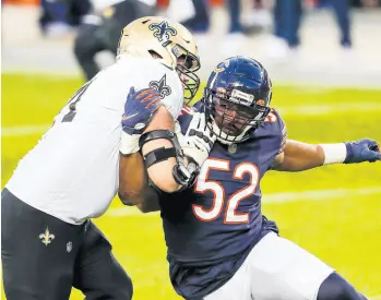  ?? JOSE M. OSORIO / CHICAGO TRIBUNE ?? Chicago Bears outside linebacker Khalil Mack (52) tries to edge around New Orleans Saints offensive tackle Ryan Ramczyk.