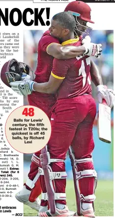  ?? — BCCI ?? Andre Russell embraces centurion Evin Lewis ( right).