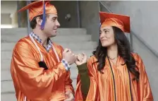  ?? ?? STARTING POINT: As he graduates from college, Joe Kimbreau (James Wolk) discusses his plans for the future with Amy Kindelan (Natalie Martinez) in ‘Ordinary Joe.’