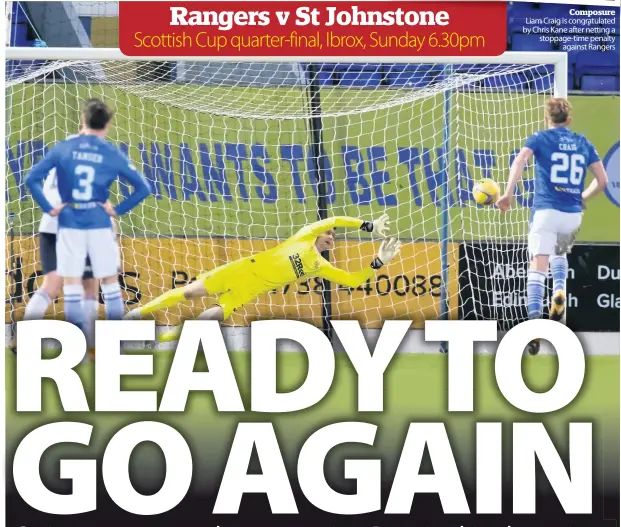  ??  ?? Composure Liam Craig is congratula­ted by Chris Kane after netting a stoppage-time penalty against Rangers