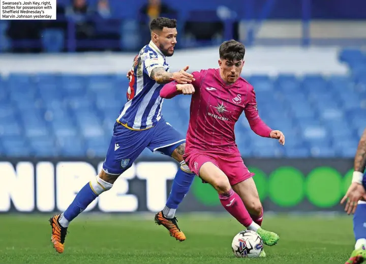  ?? ?? Swansea’s Josh Key, right, battles for possession with Sheffield Wednesday’s Marvin Johnson yesterday