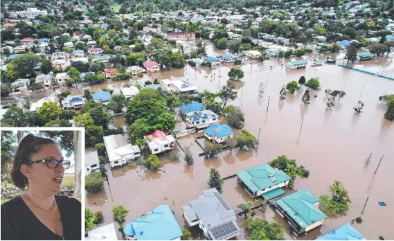  ?? ?? An aerial drone view of houses surrounded by floodwater on March 31, 2022 in Lismore. Inset: East Lismore resident Kate Olivieri. Main picture: Dan Peled/getty Images.
