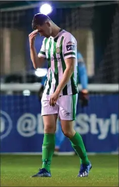  ??  ?? Bray’s Killian Cantwell reacts after the Drogheda goal.