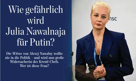  ?? THOMAS KIENZLE / AFP ?? Julia Nawalnaja zeigt sich gefasst auf der Münchener Sicherheit­skonferenz. Gerade hat sie vom Tod ihres Mannes erfahren.