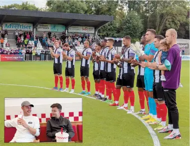  ?? ?? Sam Barratt with Zach Wellstead, inset, and leading the minute's applause for him before Saturday's game with FC Halifax Town at York Road. Main photo: Grace Scott.