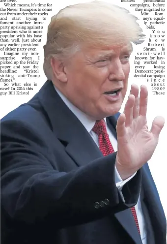  ?? AP ?? WINNING: President Trump gestures outside the Elysee Palace after his talks with French President Emmanuel Macron in Paris yesterday. Trump is under fire from former conservati­ve commentato­rs who now denigrate him.