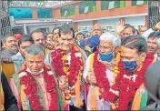  ??  ?? (From left to right) BJP’s candidate Dharmveer, Arvind Sharma, BJP state president Swatantra Dev Singh and Govind Narain going to file their nomination for Vidhan Parishad seat in Lucknow.