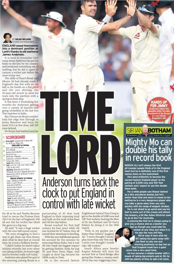  ??  ?? HANDS UP FOR JIMMY Anderson takes the plaudits after his late dismissal of De Bruyn swung things England’s way