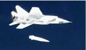  ?? RU-RTR RUSSIAN TELEVISION ?? In this video grab released by RU-RTR Russian television on Thursday, a Russian MiG-31 fighter jet releases the new Kinzhal hypersonic missile during a test at an undisclose­d location in Russia.