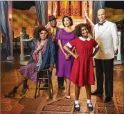  ?? PAUL GILMORE/NBC ?? The cast of “Annie Live!,” (from left) Taraji P. Henson as Miss Hannigan, Tituss Burgess as Rooster Hannigan, Nicole Scherzinge­r as Grace Farrell, Celina Smith as Annie, and Harry Connick Jr. as Daddy Warbucks.