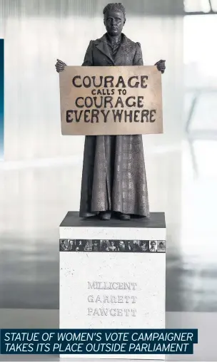  ?? IMAGES: CAROLINE TEO ?? Gillian Wearing’s Millicent Fawcett statue is the first female monument to stand in historic square by the Palace of Westminste­r