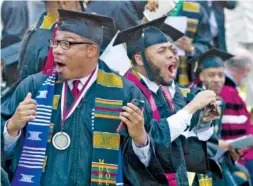  ?? STEVE SCHAEFER/ATLANTA JOURNAL-CONSTITUTI­ON VIA AP ?? Graduates react Sunday after hearing billionair­e technology investor and philanthro­pist Robert F. Smith say he will provide grants to wipe out the student debt of the entire 2019 graduating class at Morehouse College in Atlanta.