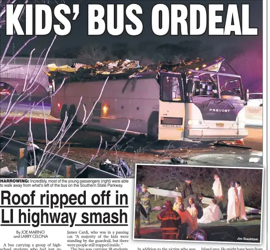  ??  ?? HARROWING: Incredibly, most of the young passengers (right) were able to walk away from what’s left of the bus on the Southern State Parkway.