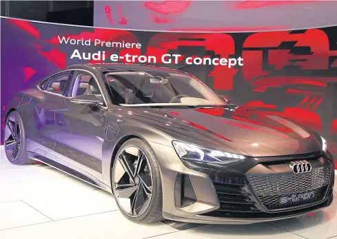  ?? EPA-EFE ?? The Audi e-tron GT concept is displayed during AutoMobili­ty LA ahead of the Los Angeles Auto Show in Los Angeles on Wednesday.