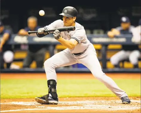  ?? Bronte Wittpenn / TNS ?? New York Yankees first baseman Greg Bird bunts during a game against the Tampa Bay Rays at Tropicana Field on Wednesday.