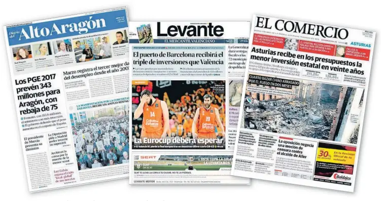  ??  ?? Agravios. Las principale­s cabeceras de la prensa regional en España han destacado estos días en sus portadas la reducción de la inversión en sus respectiva­s comunidade­s. Un malestar al que necesariam­ente han de ser sensibles los gobiernos, que se...