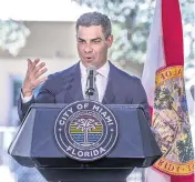  ?? PEDRO PORTAL pportal@miamiheral­d.com ?? Miami Mayor Francis Suárez speaks during his 2024 State of the City address at Camillus House on Tuesday. The mayor said he would support increasing the number of voting districts in the city from five to seven.