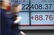  ?? AP PHOTO/EUGENE HOSHIKO ?? Women walk past an electronic stock board showing Japan’s Nikkei 225 index at a securities firm in Tokyo on Friday. Asian stock markets followed Wall Street higher on Friday after reports of strong U.S. earnings, as investors watched the inter-Korean...
