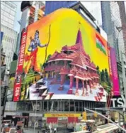  ??  ?? ■ People light fireworks to celebrate the groundbrea­king ceremony, in Jodhpur; 3-D portraits of the Ram temple are displayed on billboards in Time Square, New York; A woman lights earthen lamps in New Delhi, on Wednesday.