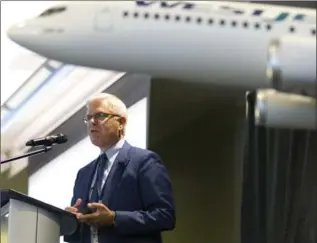  ?? LARRY MACDOUGAL, THE CANADIAN PRESS ?? WestJet CEO Gregg Saretsky speaks at the company’s annual meeting in Calgary on Tuesday.