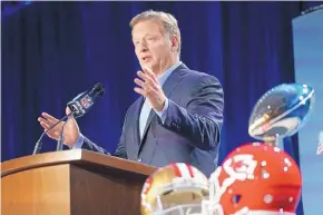  ?? DAVID J. PHILLIP/ ASSOCIATED PRESS ?? NFL Commission­er Roger Goodell answers questions during a Super Bowl news conference Wednesday.