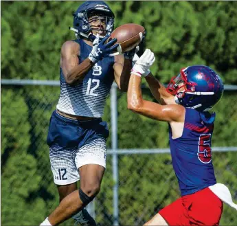  ?? NWA Democrat-Gazette/BEN GOFF • @NWABENGOFF ?? Springdale Har-Ber wide receiver Micah Seawood (left) makes a touchdown catch as Bixby (Okla.) defensive back Trevon Holt defends on July 13 during the championsh­ip round of the Southwest Elite 7on7 Showcase at Shiloh Christian’s Champions Stadium in Springdale.