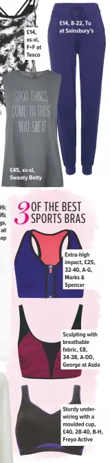  ??  ?? £45, xs-xl, Sweaty Betty £14, 8-22, Tu at Sainsbury’s 3 of the best sports bras Extra-high impact, £25, 32-40, A-G, Marks & Spencer Sculpting with breathable fabric, £8, 34-38, A-DD, George at Asda Sturdy underwirin­g with a moulded cup, £40, 28-40,...