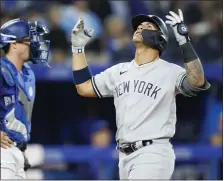  ?? COLE BURSTON – GETTY IMAGES ?? Gleyber Torres of the Yankees celebrates after hitting a two-run homer during the fourth inning of Monday’s game against the Blue Jays.