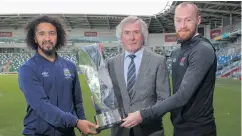  ??  ?? Cup fever: (from left) Linfield ace Bastien Hery, Pat Jennings and Dundalk’s Chris Shields attend the Unite the Union Champions Cup launch yesterday