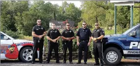  ?? MEGAN DAVIS/MCDONALD COUNTY PRESS ?? Anderson Police Department, from left to right, Officer Miller, Officer Chris Sutherland, Chief Daniels, Sergeant Moore, and Officer Willet. (Not pictured: Cpt. Lemon, as he is on deployment in Kuwait until Feb.)