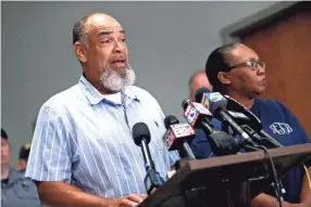  ??  ?? Harvey Taylor and his wife, Ann, speak at a press conference on Sunday at the Lauderdale County Justice Center following the capture of Curtis Ray Watson. The couple provided the Ring doorbell video that helped narrow the search for Watson.