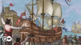  ??  ?? Каравелла "Виктория" входит в порт Севильи после кругосветн­ого плавания экспедиции Магеллана