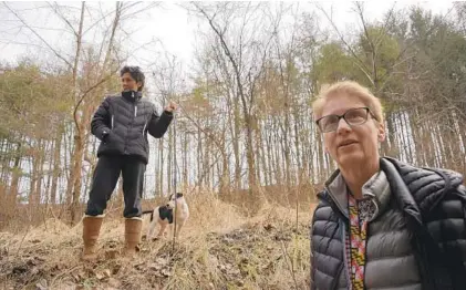  ?? KARL MERTON FERRON/BALTIMORE SUN ?? Local resident Elaine Reinhold, right, pauses in a human-dug trench that now carries stream water as Catherine Campinos stands above during a visit to Lake Linganore, a new developmen­t in the early stages of constructi­on that will replace the forested...