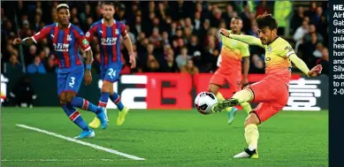  ??  ?? HEAD BOY: Airborne Gabriel Jesus guides his header home (main) and David Silva shows sublime skill to make it 2-0 (left)