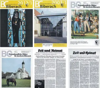  ?? REPRO: SZ ?? Sechs Mal Heimatgesc­hichte: Was 1954 als „Zeit und Heimat“begann (unten rechts), sind heute die „Heimatkund­lichen Blätter“als Fundgrube für Historisch­es aus dem Landkreis Biberach.